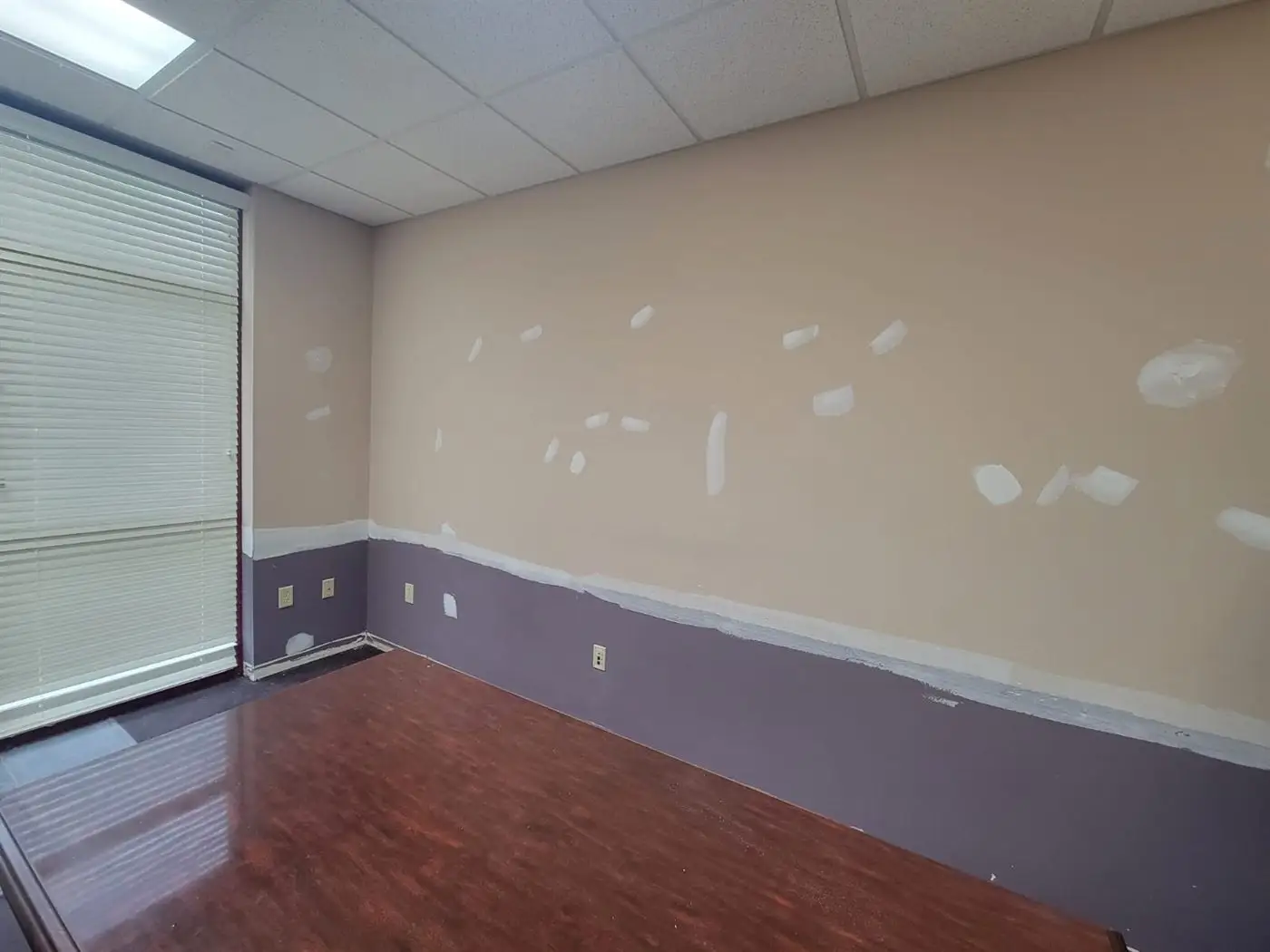 Commercial room finished with two-tone paint and a suspended ceiling
